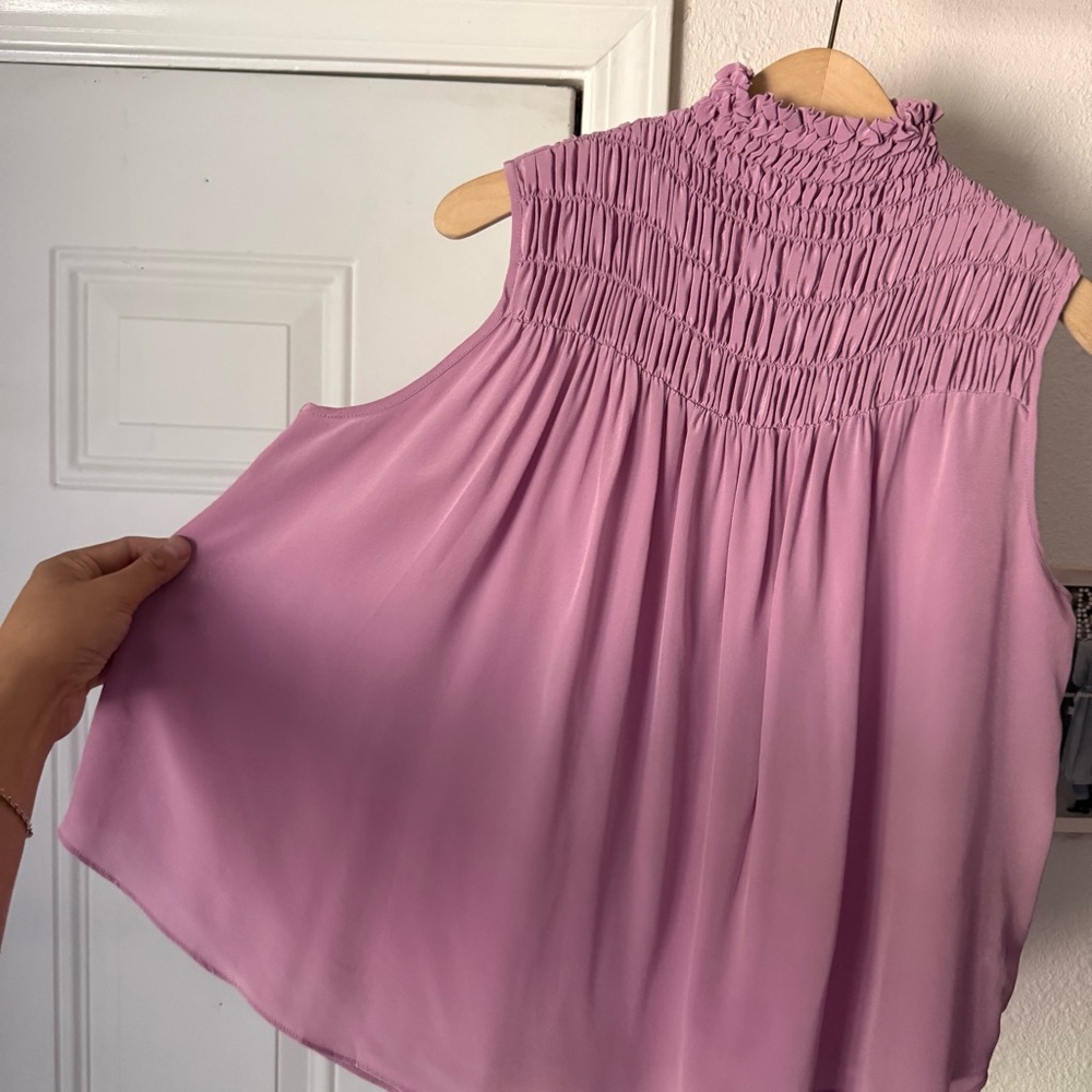 FRAME lavender lilac pink purple silk smocked‎ ruched high neck blouse tank - Picture 2 of 5